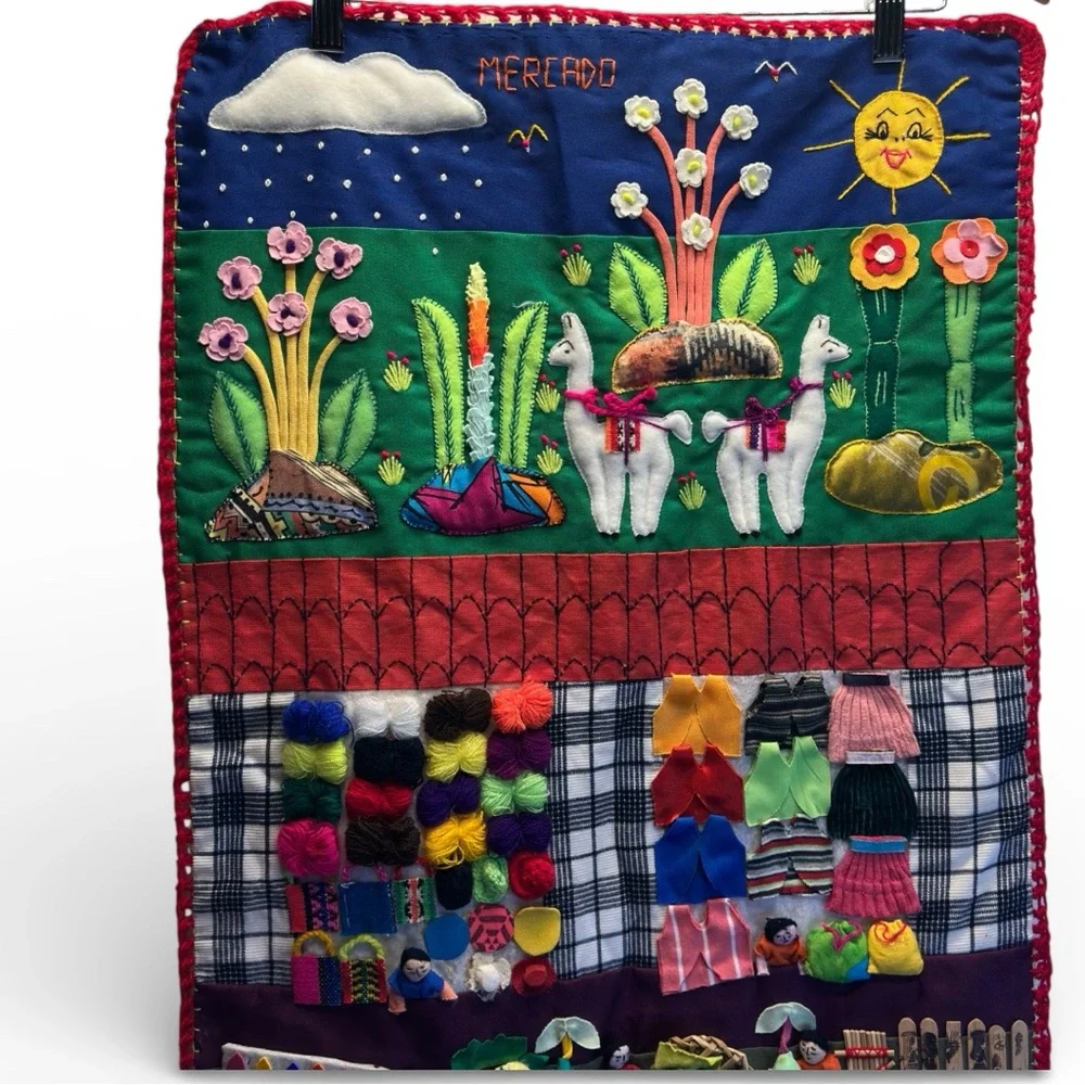 Lg. Vtg 3D Peruvian Arpillera Mercado Andean Llama FolkArt Market Tapestry 19x37